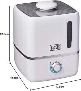 Umidificador de ar Black & Decker Air1000 branco e azul, de design compacto com bocal direcionador duplo e reservatório transparente.
