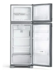 Geladeira Consul CRM39 branca, duplex, com as portas abertas mostrando as prateleiras Altura Flex e alimentos organizados.