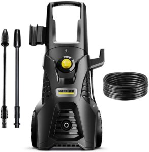 Lavadora Kärcher K5 Power Control amarela, com design robusto, mostrando a lança de pulverização Vario Power.