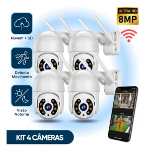 Imagem promocional mostrando quatro câmeras de segurança Wi-Fi brancas idênticas, alinhadas lado a lado.
