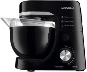 Batedeira planetária Mondial BP-03-B preta de entrada com detalhes em inox e tampa antirrespingos.