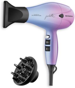 Secador de cabelo compacto Mondial By Juliette SCT-JU-03 azul e rosa com cabo dobrável e bocal difusor acoplado.