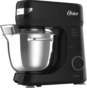 Batedeira planetária premium Oster Bowl Inox III com tigela de aço inoxidável brilhante e batedor de metal.