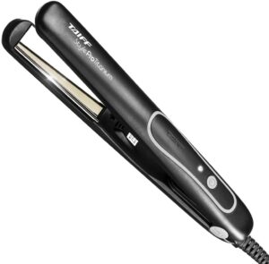Prancha de cabelo profissional Taiff Style Pro Titanium preta e prata, fechada, exibindo as placas de titânio brilhantes.