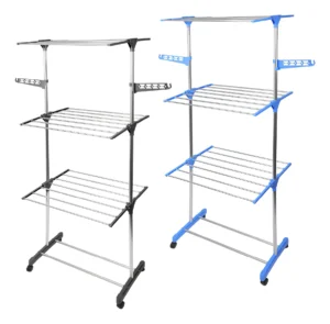 Varal de chão vertical de 3 andares em aço inox com rodinhas