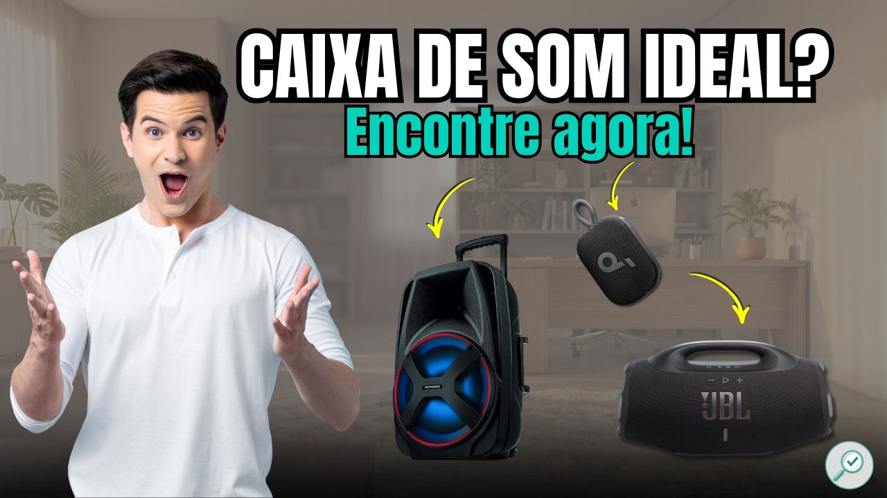 Vários modelos de caixas de som bluetooth de tamanhos diferentes, desde pequenas portáteis até grandes de festa, posicionadas ao ar livre.