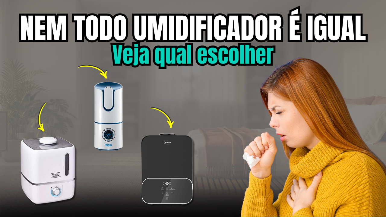 Uma pessoa tossindo ao lado de três umidificadores de ar diferentes em um fundo de quarto, ilustrando a importância da umidificação para a saúde respiratória.