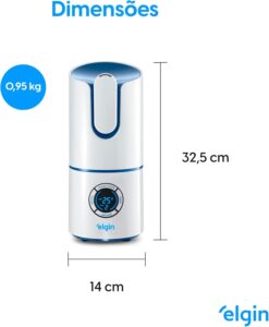 Umidificador de ar Elgin Digital Inteligente azul e branco, exibindo painel digital de controle frontal com indicador de umidade e temperatura.