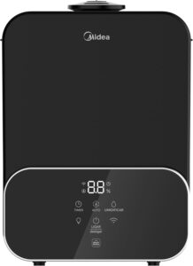 Umidificador inteligente Midea Master Connect preto de grande capacidade com visor de LED e saída de névoa vertical potente.