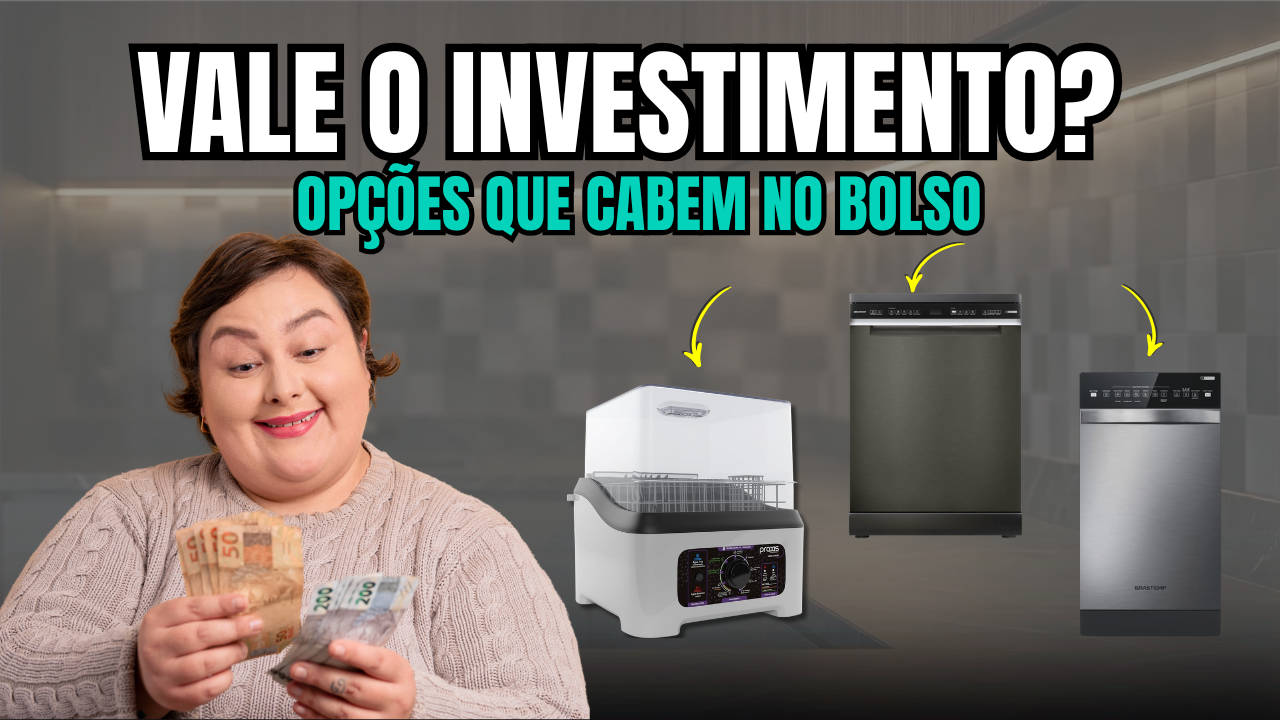Fundo de cozinha moderna com 3 lava-louças e mulher com expressão de felicidade contando o dinheiro