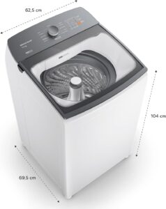 Lavadora Brastemp 14kg branca com Smart Sensor, mostrando o cesto interno de inox e a tampa de vidro temperado.
