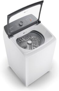 Lavadora Brastemp 14kg branca com Smart Sensor, mostrando o cesto interno de inox e a tampa de vidro temperado.