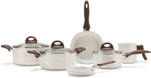 ogo de panelas Brinox Ceramic Life Smart Plus 6 peças Vanilla com revestimento cerâmico e cabos soft touch.
