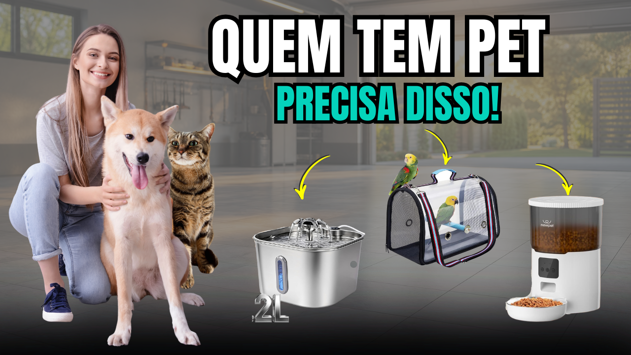 Mulher com cachorro e gato ao lado do bebedouro e comedouro automático