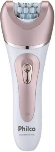 Depilador elétrico Philco Aqua Deluxe Plus branco e rosa, com pinças rotativas na cabeça.