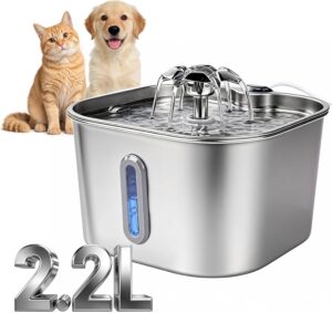 Fonte automática Mstail MG00 de inox para gatos e cães com água em circulação e capacidade de 2,2 litros.