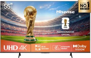 Smart TV 4K Hisense 55 A6NV de 55 polegadas com painel DLED, Dolby Vision e sistema VIDAA.