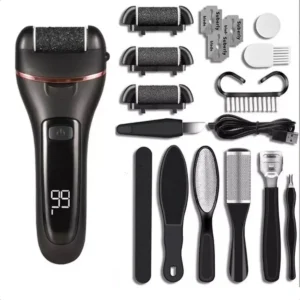 Aparelho de lixa elétrica para os pés com rolo giratório, acompanhado de diversos pequenos acessórios de pedicure.