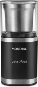 Moedor de café Mondial Dolce Arome MCF-01-BI com copo removível de inox e tampa.