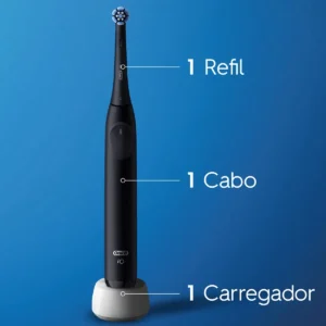 Escova de dente elétrica Oral-B iO2 na cor preta, com cabeça arredondada e luz indicadora de pressão.