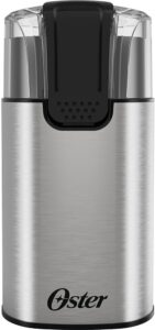 Moedor de café Oster OMDR110 em inox com base antiderrapante e tampa transparente.