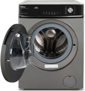 Máquina Lava e Seca Philco 11kg branca, com porta frontal de vidro escuro e painel digital iluminado.