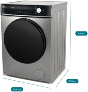 Máquina Lava e Seca Philco 11kg branca, com porta frontal de vidro escuro e painel digital iluminado.