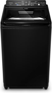 Máquina de lavar Panasonic Intuitive+ 19kg preta, com a tampa aberta revelando o cesto gigante sem agitador central.