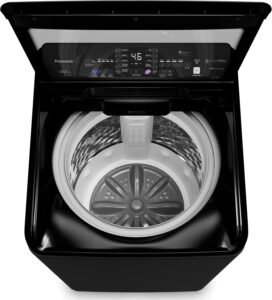 Máquina de lavar Panasonic Intuitive+ 19kg preta, com a tampa aberta revelando o cesto gigante sem agitador central.