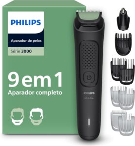 Kit aparador de pelos Philips All-in-One com o motor central e várias cabeças e pentes enfileirados ao lado.