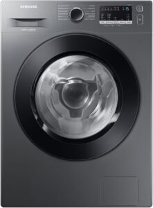 Lava e Seca Samsung WD11T Smart Inox, com painel AI Control minimalista e porta frontal redonda preta.