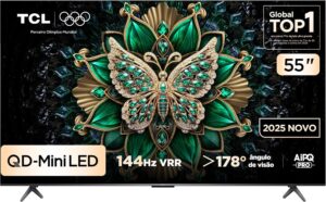 Smart TV 4K TCL C6K de 55 polegadas QLED Mini LED com 144Hz nativos e processador AiPQ Pro.