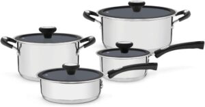 Conjunto de panelas Tramontina Solar Ceramic 4 peças em aço inox com revestimento cerâmico interno e fundo triplo.