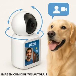 Câmera Wi-Fi para monitorar pet em casa com tela integrada, visão noturna e áudio bidirecional.