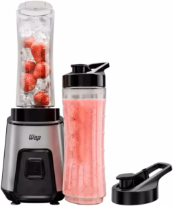 Liquidificador portátil WAP Blender Go WBG600 com dois copos squeeze de 600 ml e alça clip.