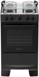 Fogão Atlas Mônaco Plus preto de quatro bocas com mesa de inox e forno com visor amplo