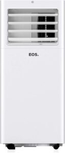 Ar-condicionado portátil EOS Ultra Slim branco estreito com régua de janela e controle remoto.