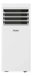 Ar-condicionado portátil Haier 10.000 BTUs branco com display digital e controle remoto.